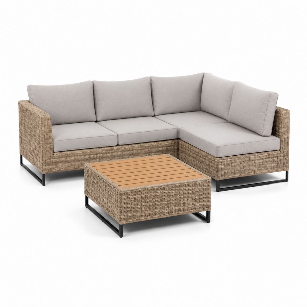 Set da esterno 3 pezzi con divano angolare in rattan PE e tavolino, 212 x 141 x 72 cm, tortora chiaro e beige