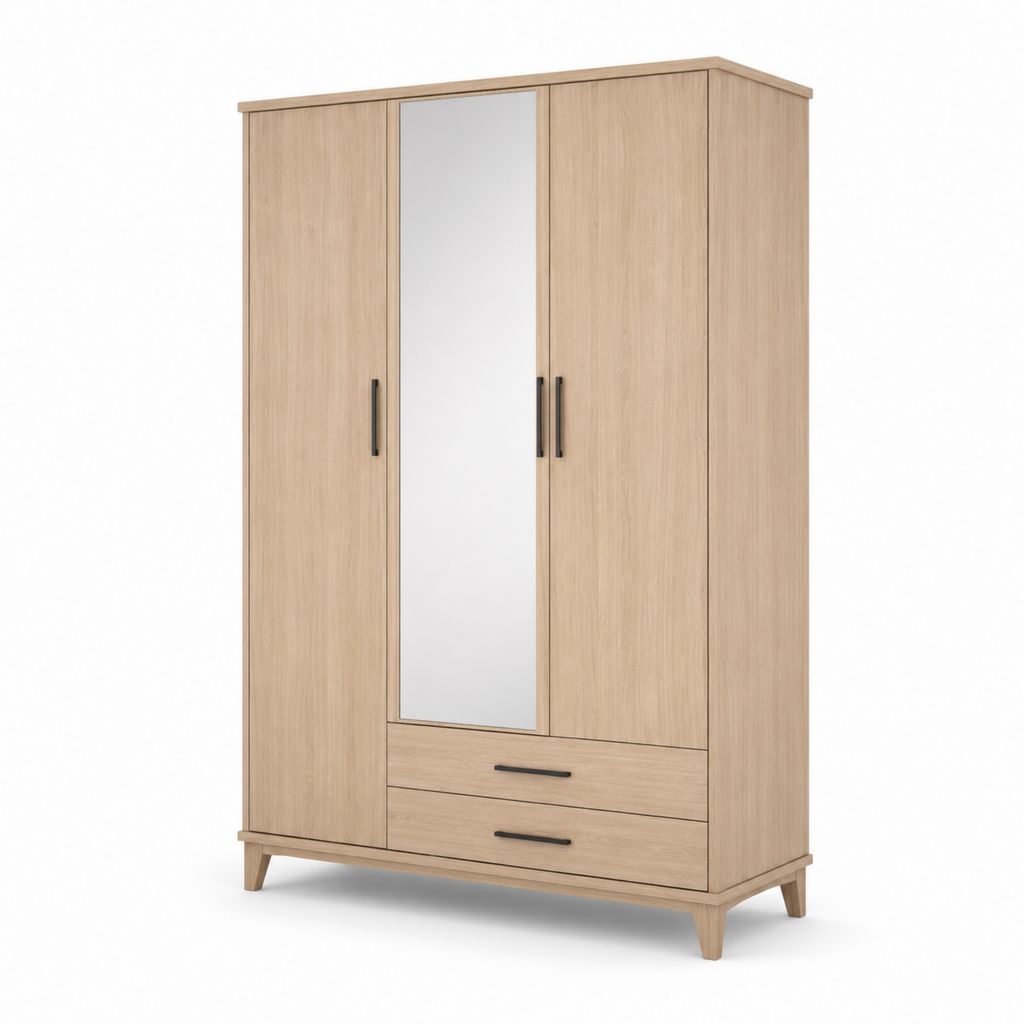 Armadio guardaroba rettangolare a 3 ante con specchio e 2 cassetti in pannello di particelle melaminico, rovere chiaro, 120 × 52 × 190 cm