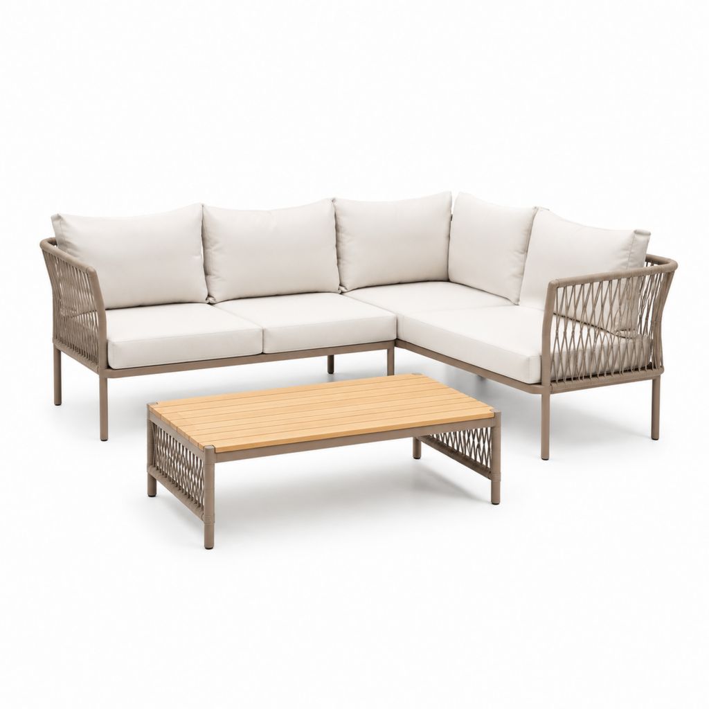 Set salotto da giardino 2 pezzi beige e crema con divano angolare 4 posti in acciaio e corda 220 x 160 x 75 cm e tavolino in legno 110 x 60 x 38 cm