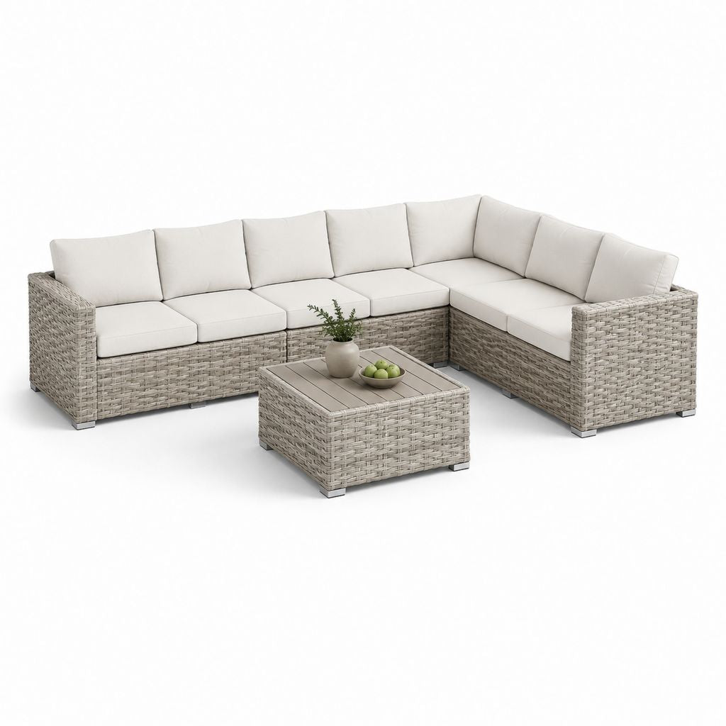 Salotto da giardino angolare a 6 posti in polyrattan PE beige tortora con tavolino, 270 × 210 × 74 cm