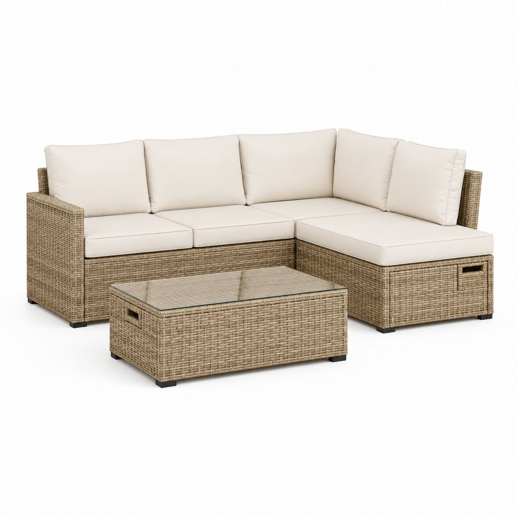 Composizione angolare da esterno a 4 posti con penisola e tavolino in rattan PE, beige e tortora, 210 × 140 × 75 cm