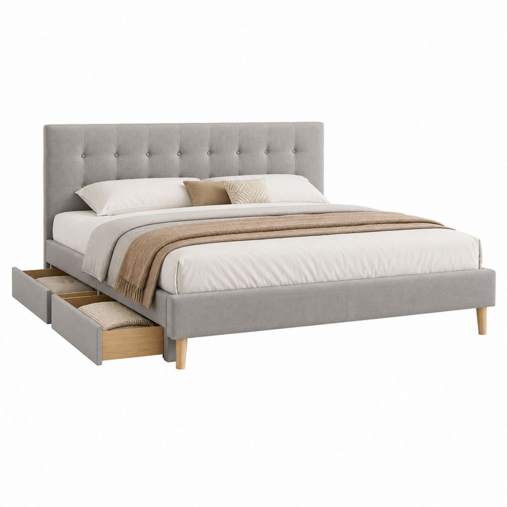 Letto matrimoniale imbottito in tessuto grigio con testiera trapuntata, rete 160 x 200 cm e 2 cassetti, 172 x 218 x 115 cm