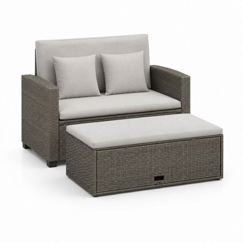 Set da esterno in polyrattan grigio con divano a 2 posti e pouf contenitore, 124 x 68 x 76 cm e 106 x 56 x 40 cm