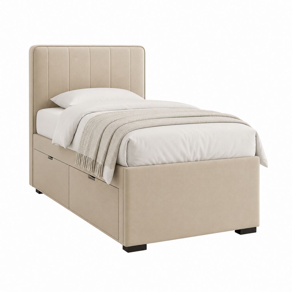 Letto singolo contenitore 90 x 200 cm in tessuto beige con testiera imbottita e 2 cassetti laterali