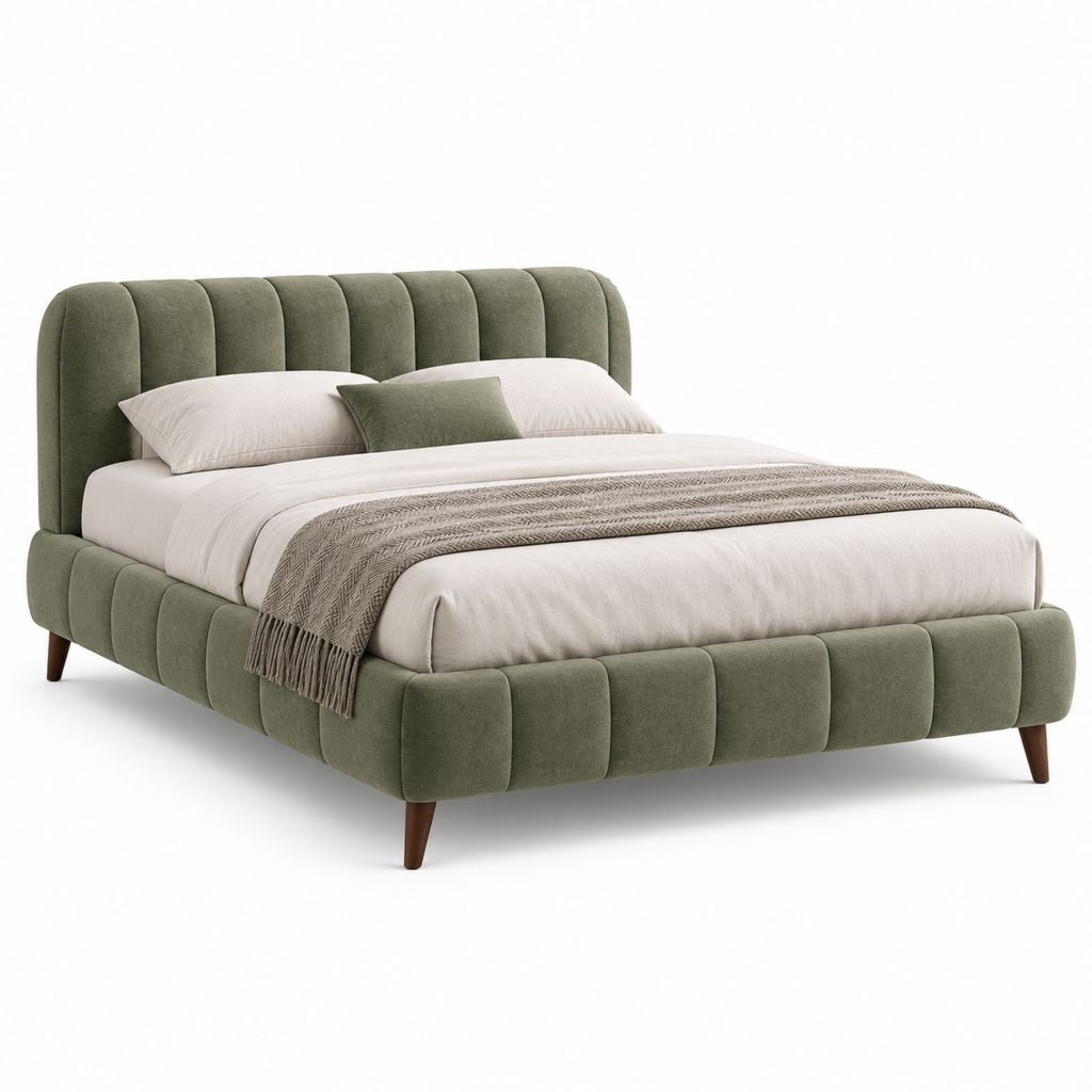 Letto matrimoniale imbottito 160 x 200 cm verde oliva in poliestere con testiera scanalata e rete a doghe