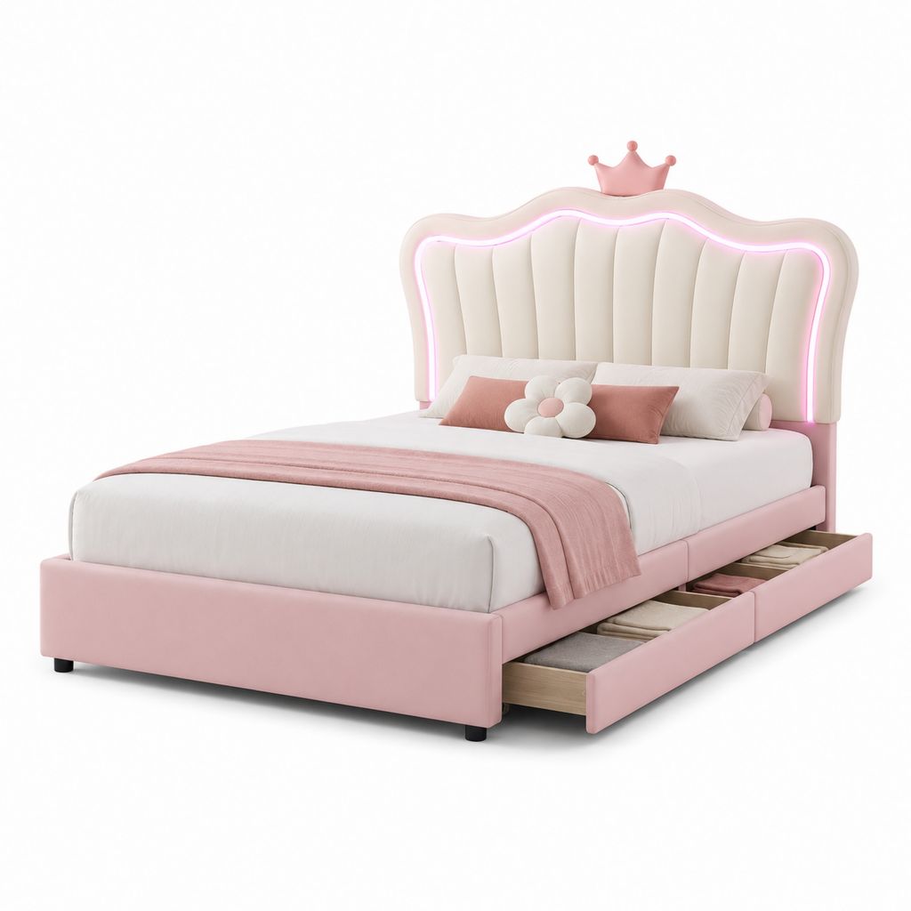 Letto per bambini 140 x 200 cm in pelle sintetica rosa e bianca con testiera a corona LED e 2 cassetti
