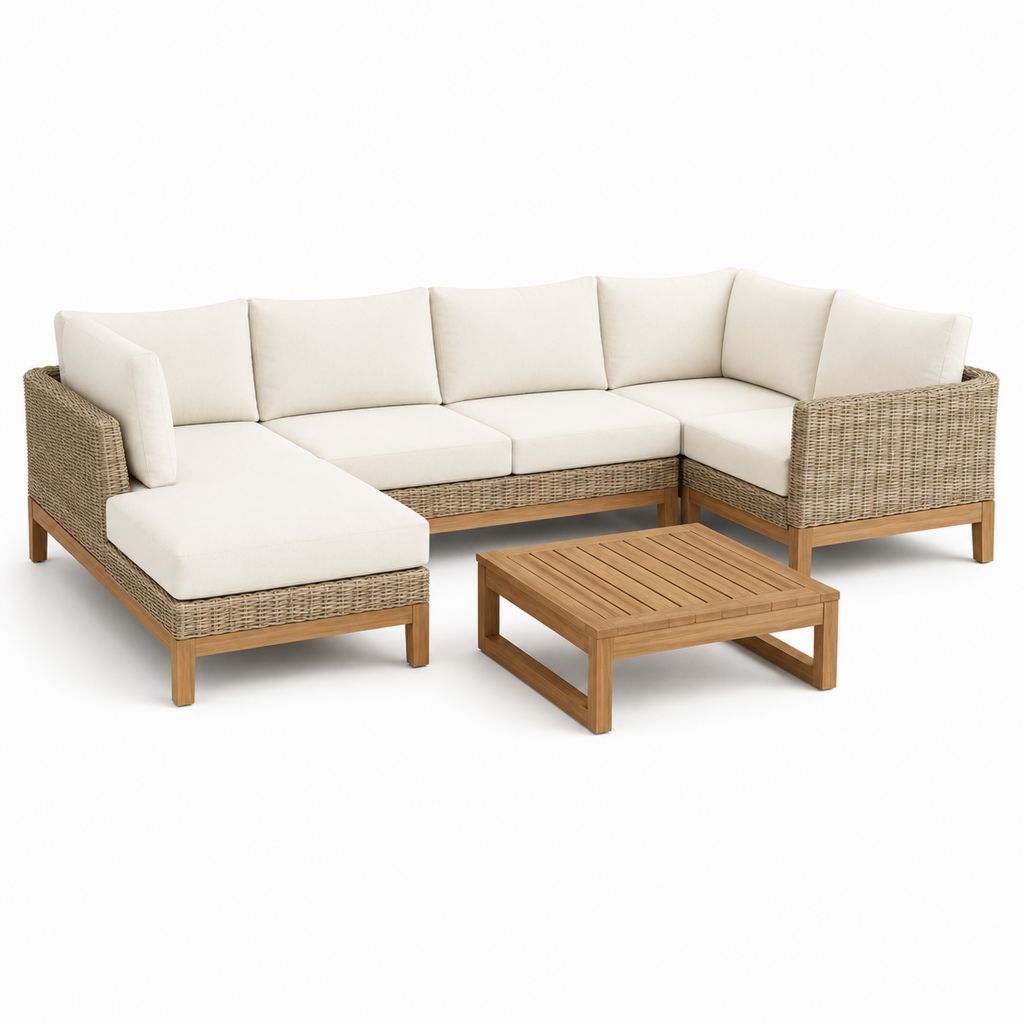 Set divano angolare modulare da giardino a 5 posti in legno e polyrattan beige con chaise longue e tavolino, 280 x 160 x 78 cm