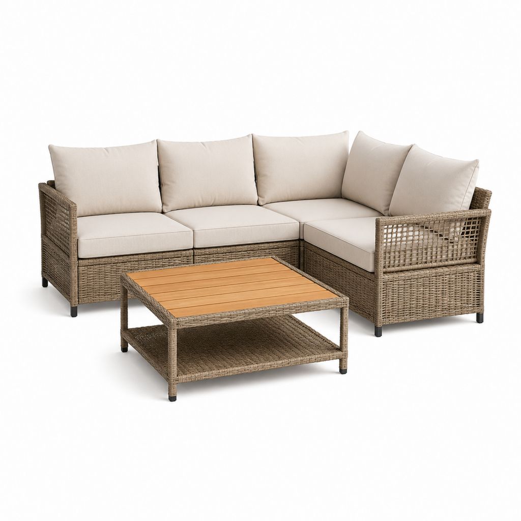 Set da giardino angolare 4 posti in polyrattan PE e metallo con tavolino in acacia e cuscini beige, divano 216 x 167 x 76 cm, tavolino 80 x 80 x 42 cm