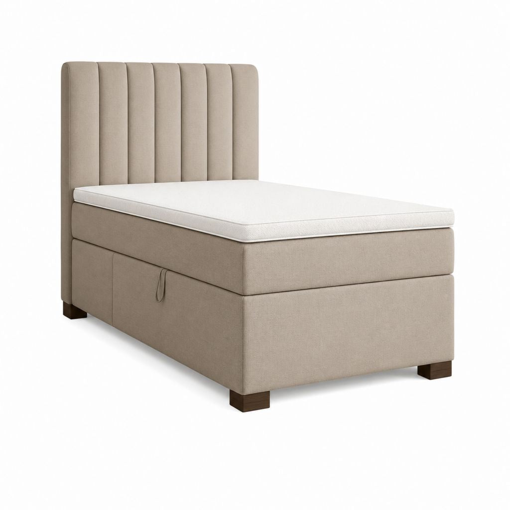 Letto boxspring singolo con contenitore, materasso e testiera, beige, superficie di riposo 90 × 200 cm, dimensioni 100 × 212 × 120 cm