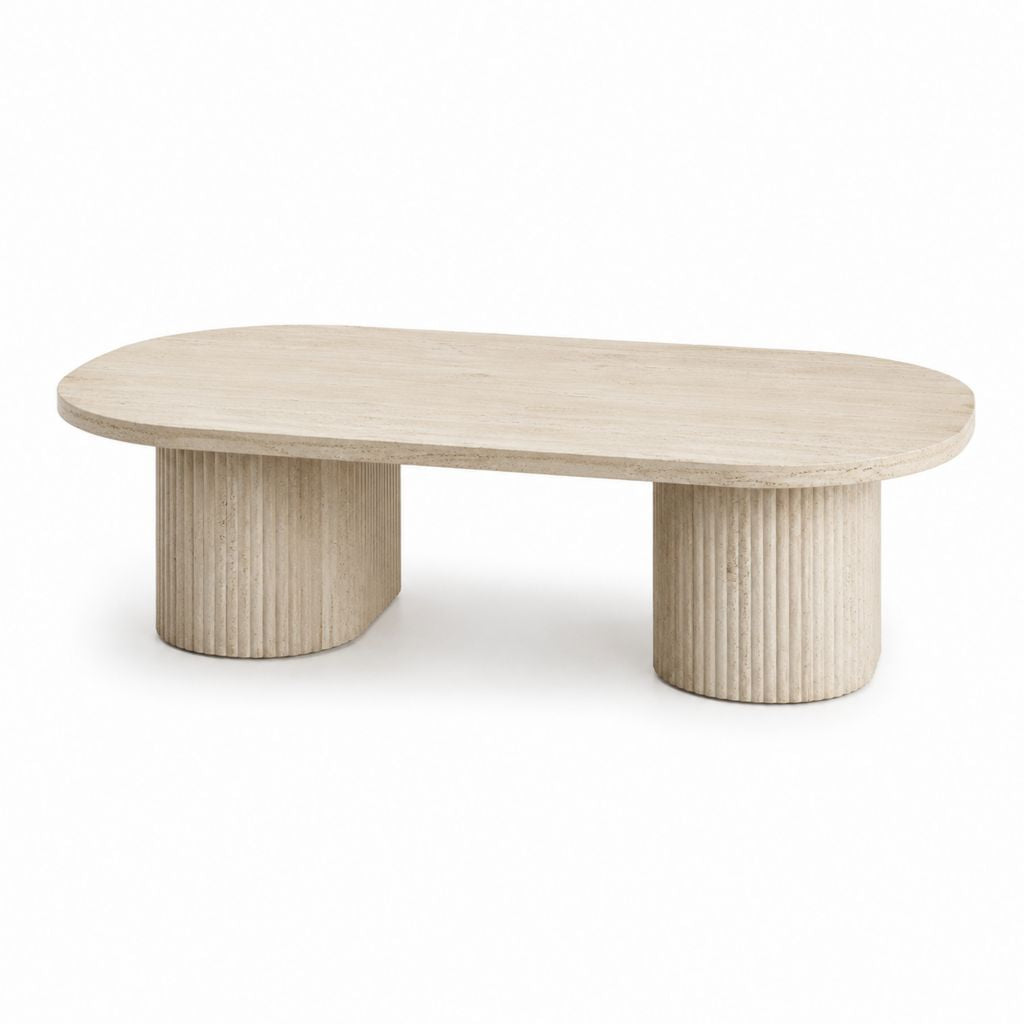 Tavolino basso ovale in travertino beige e crema, 120 x 60 x 40 cm