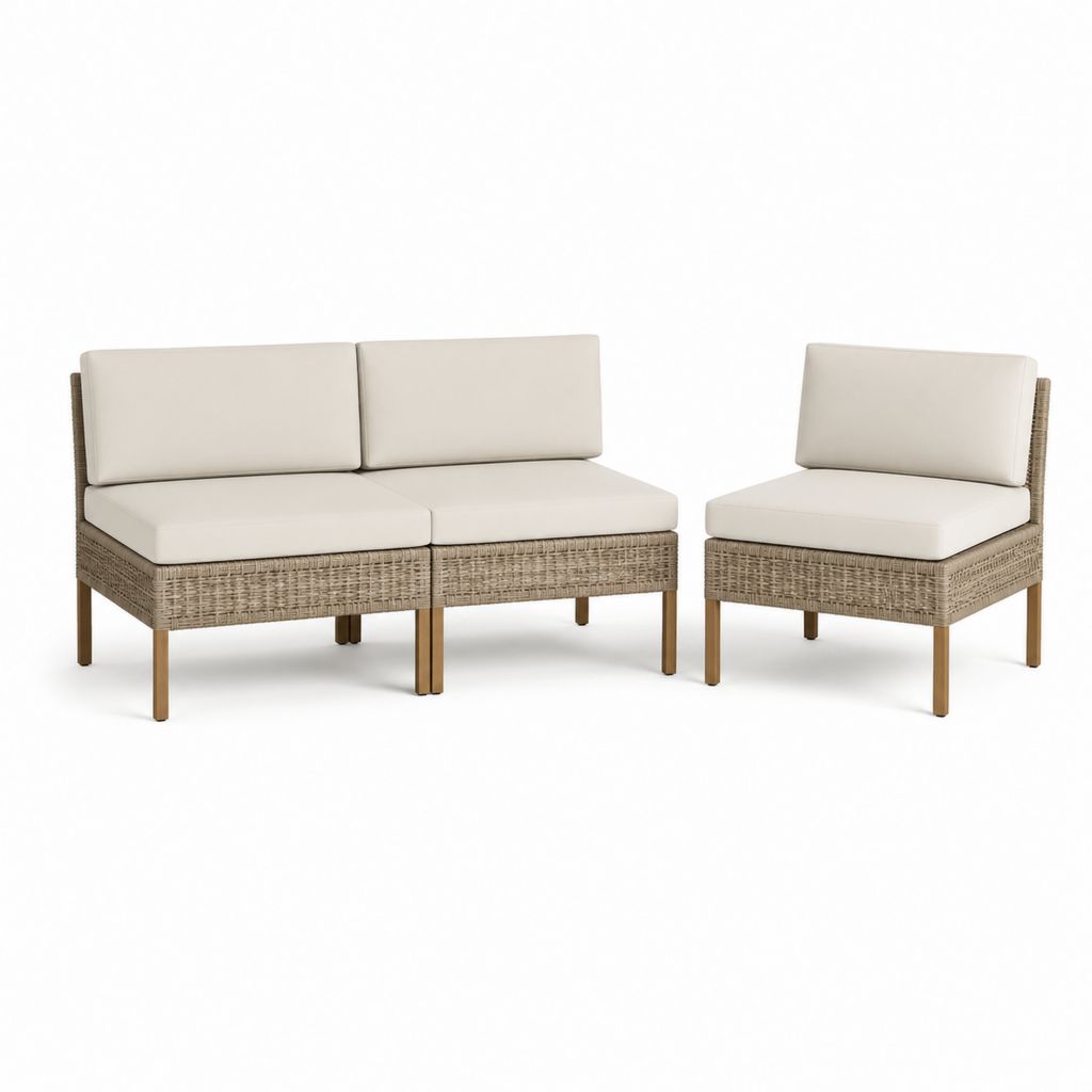 Set divano modulare da giardino a 3 posti in polyrattan PE e acciaio con cuscini beige, 3 moduli da 65 x 68 x 75 cm