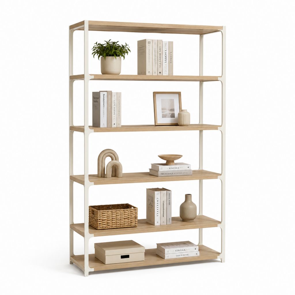 Libreria rettangolare a 6 ripiani in acciaio e pannelli truciolari, bianco e rovere naturale, 120 × 30 × 180 cm