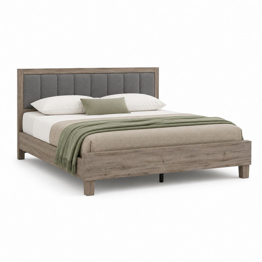 Letto matrimoniale 160 x 200 cm in truciolato melaminico effetto rovere grigio con testiera imbottita grigio antracite, 173 x 216 x 120 cm
