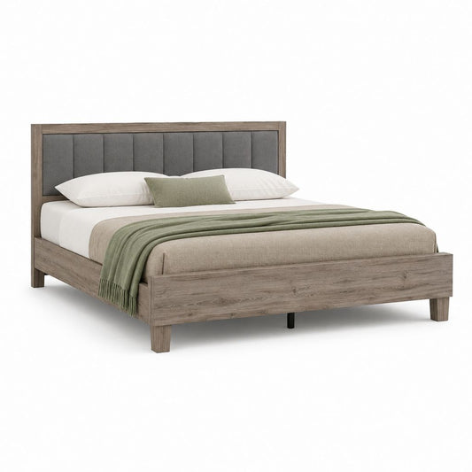 Letto matrimoniale 160 x 200 cm in truciolato melaminico effetto rovere grigio con testiera imbottita grigio antracite, 173 x 216 x 120 cm