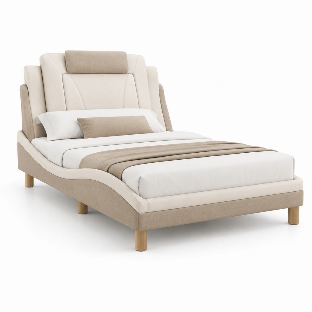 Letto imbottito una piazza e mezza 120 x 200 cm con rete a doghe, rivestimento in tessuto beige e pelle sintetica avorio