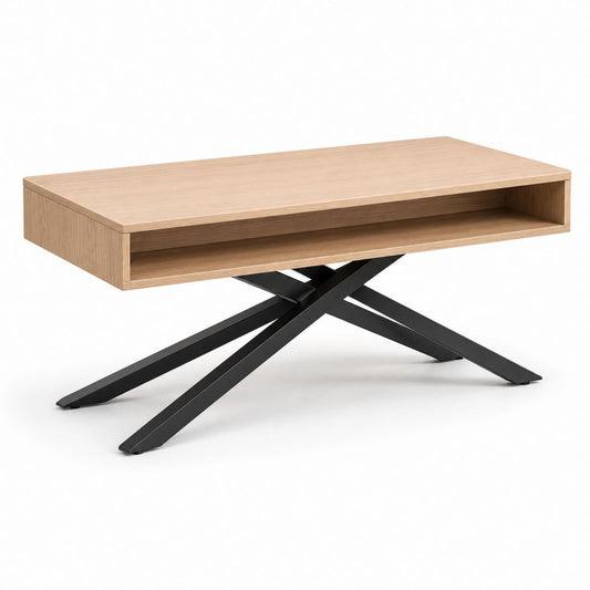 Tavolino da caffè rettangolare in MDF e acciaio con vano aperto, rovere naturale e nero, 110 × 55 × 45 cm