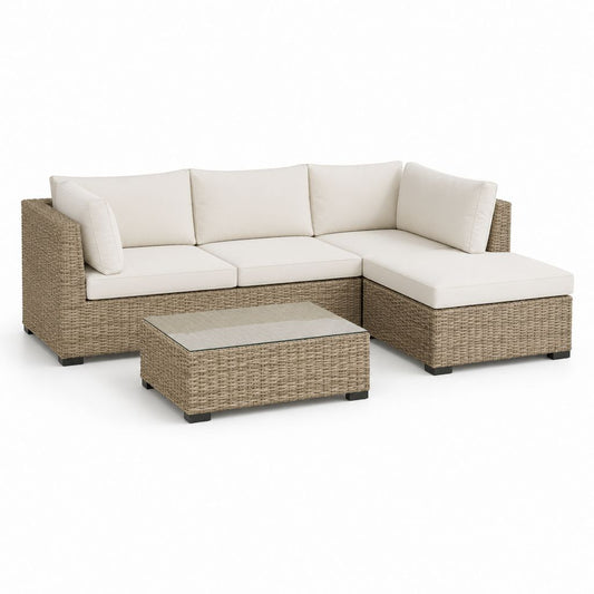 Set divano angolare da giardino a 3 posti in polyrattan beige e crema con penisola destra e tavolino, 228 x 149 x 70 cm