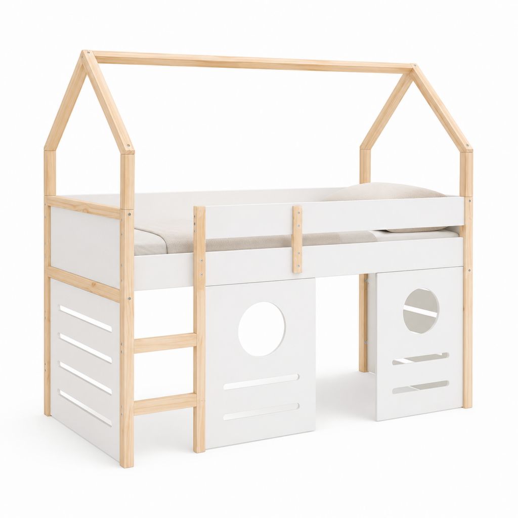 Letto a soppalco per bambini a forma di casa in pino massello e MDF, bianco e naturale, 207 x 97 x 220 cm, per materasso 90 x 200 cm