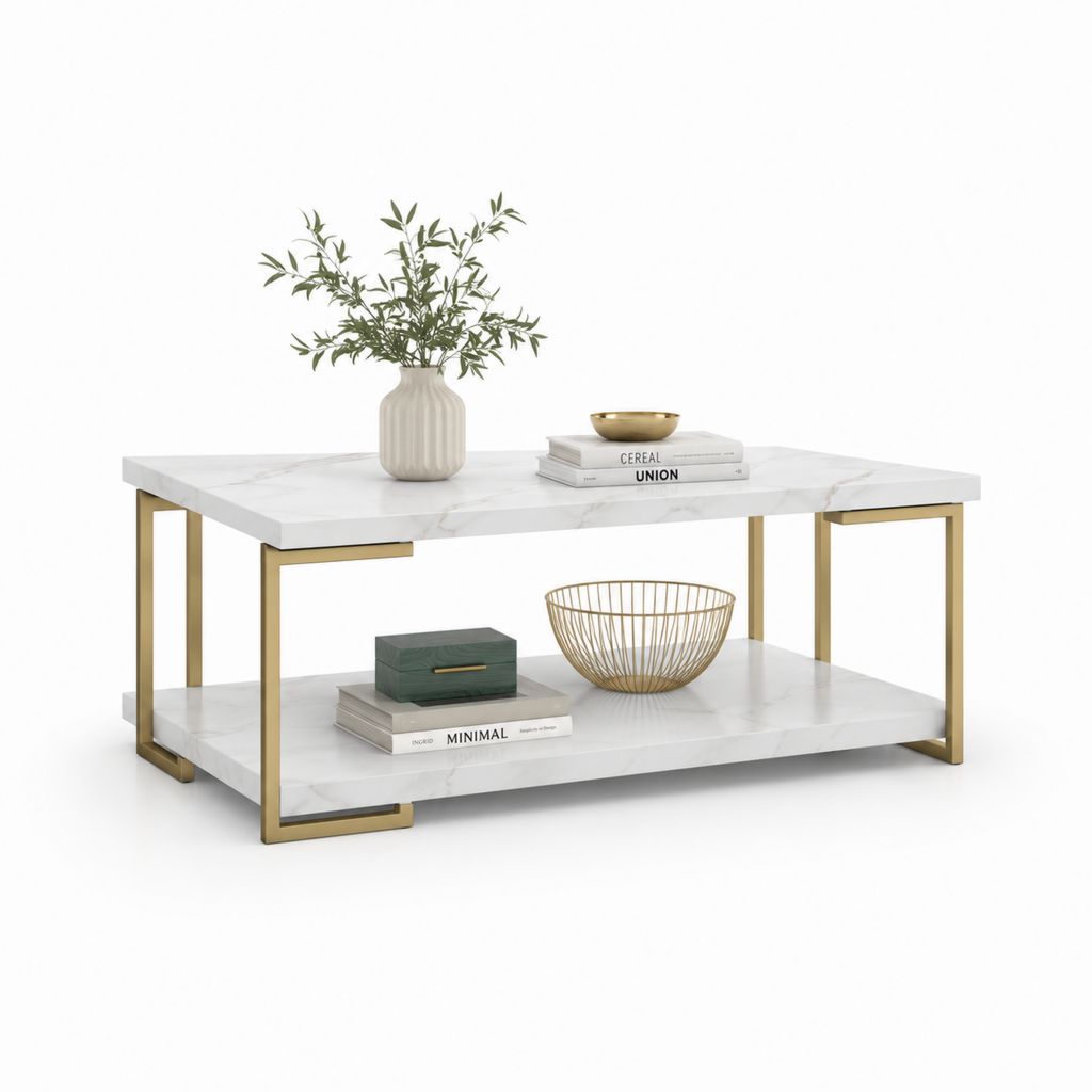 Tavolino da caffè rettangolare a 2 ripiani in legno e metallo, bianco effetto marmo e oro, 100 × 55 × 45 cm