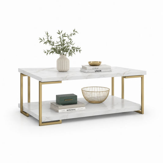 Tavolino da caffè rettangolare a 2 ripiani in legno e metallo, bianco effetto marmo e oro, 100 × 55 × 45 cm