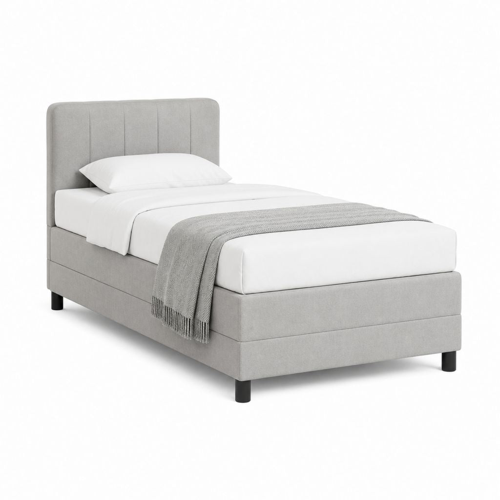 Letto singolo imbottito in poliestere grigio chiaro con testiera a pannelli, 98 x 213 x 105 cm, per materasso 90 x 200 cm