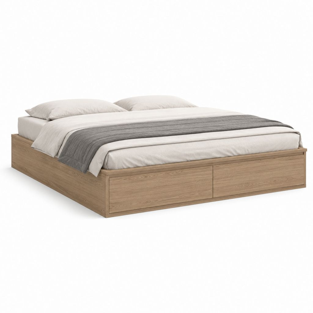 Letto matrimoniale in pannello truciolare effetto rovere naturale con 2 cassetti, 166 x 205 x 40 cm, per materasso 160 x 200 cm