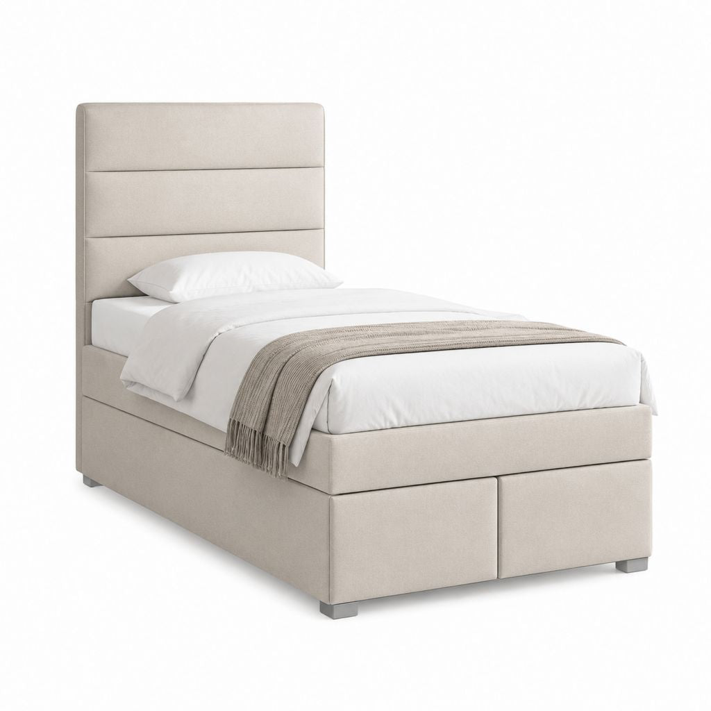 Letto singolo contenitore 90 x 200 cm con 2 cassetti e testiera imbottita in poliestere beige