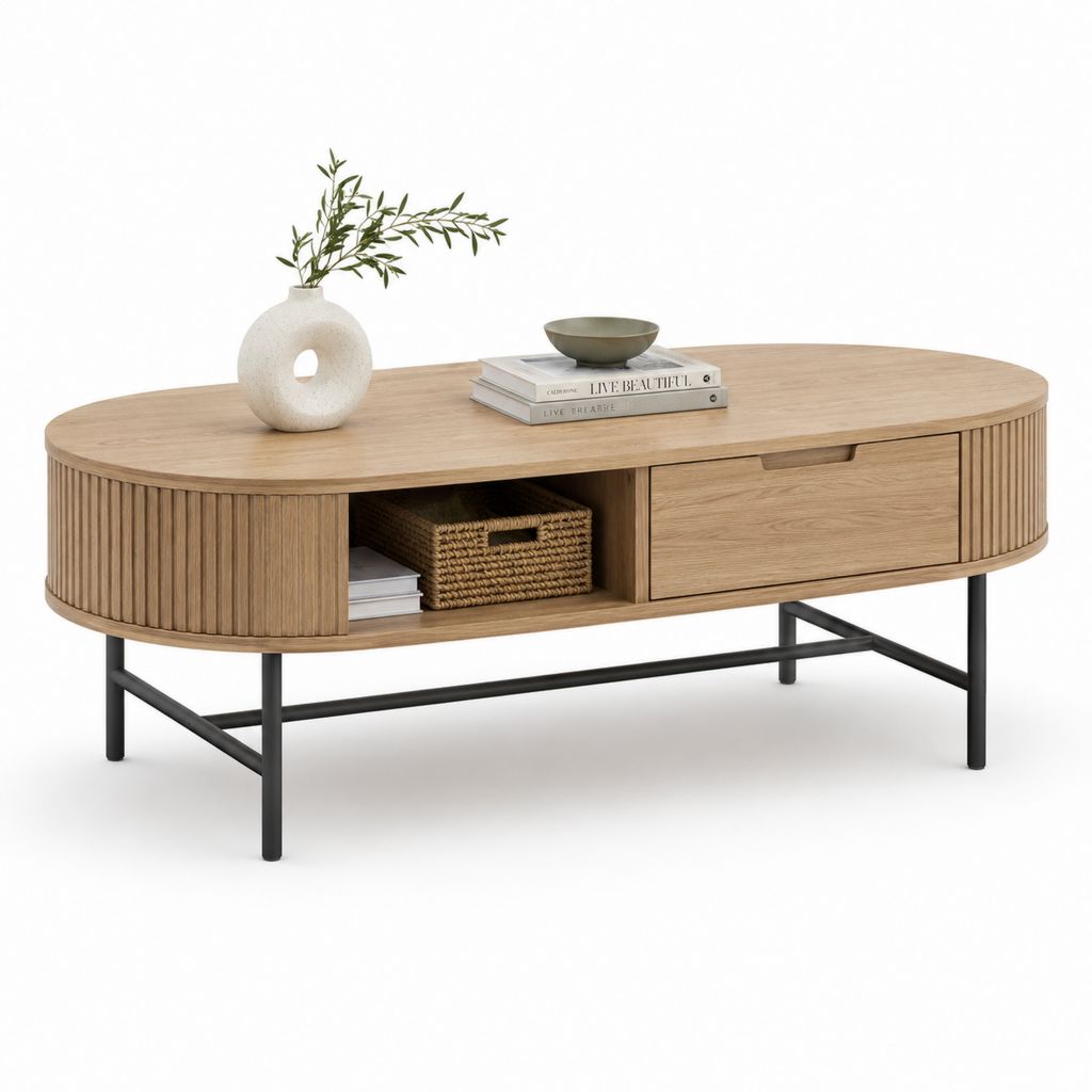 Tavolino da caffè ovale in legno e metallo con cassetto e vano aperto, rovere naturale e nero, 120 × 60 × 45 cm