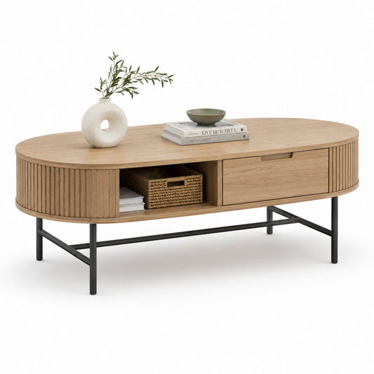Tavolino da caffè ovale in legno e metallo con cassetto e vano aperto, rovere naturale e nero, 120 × 60 × 45 cm