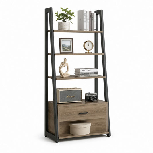 Libreria a scala con cassetto in pannello truciolare e acciaio, nero e rovere marrone, 70 × 35 × 180 cm