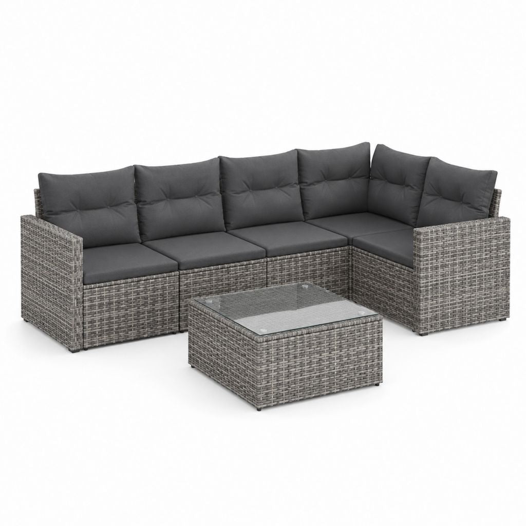 Set divano angolare a L per esterno, 4 posti, in polyrattan grigio con cuscini antracite e tavolino, 245 x 175 x 70 cm