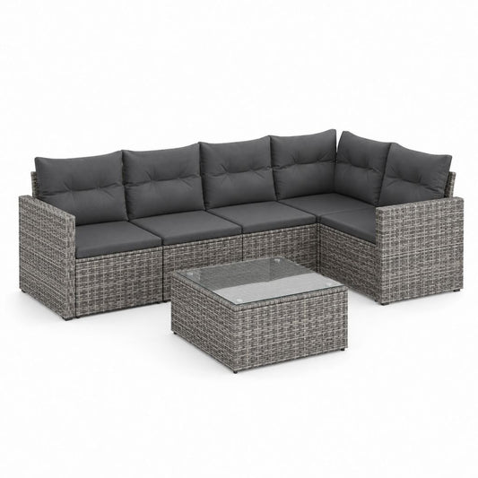 Set divano angolare a L per esterno, 4 posti, in polyrattan grigio con cuscini antracite e tavolino, 245 x 175 x 70 cm