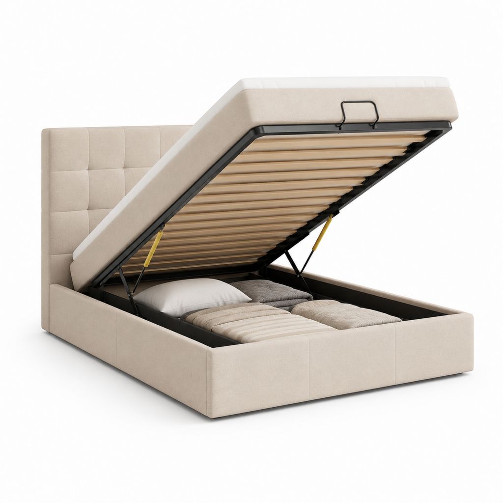 Letto matrimoniale contenitore 160 x 200 cm in tessuto beige con rete a doghe e testiera imbottita, 170 x 215 x 110 cm