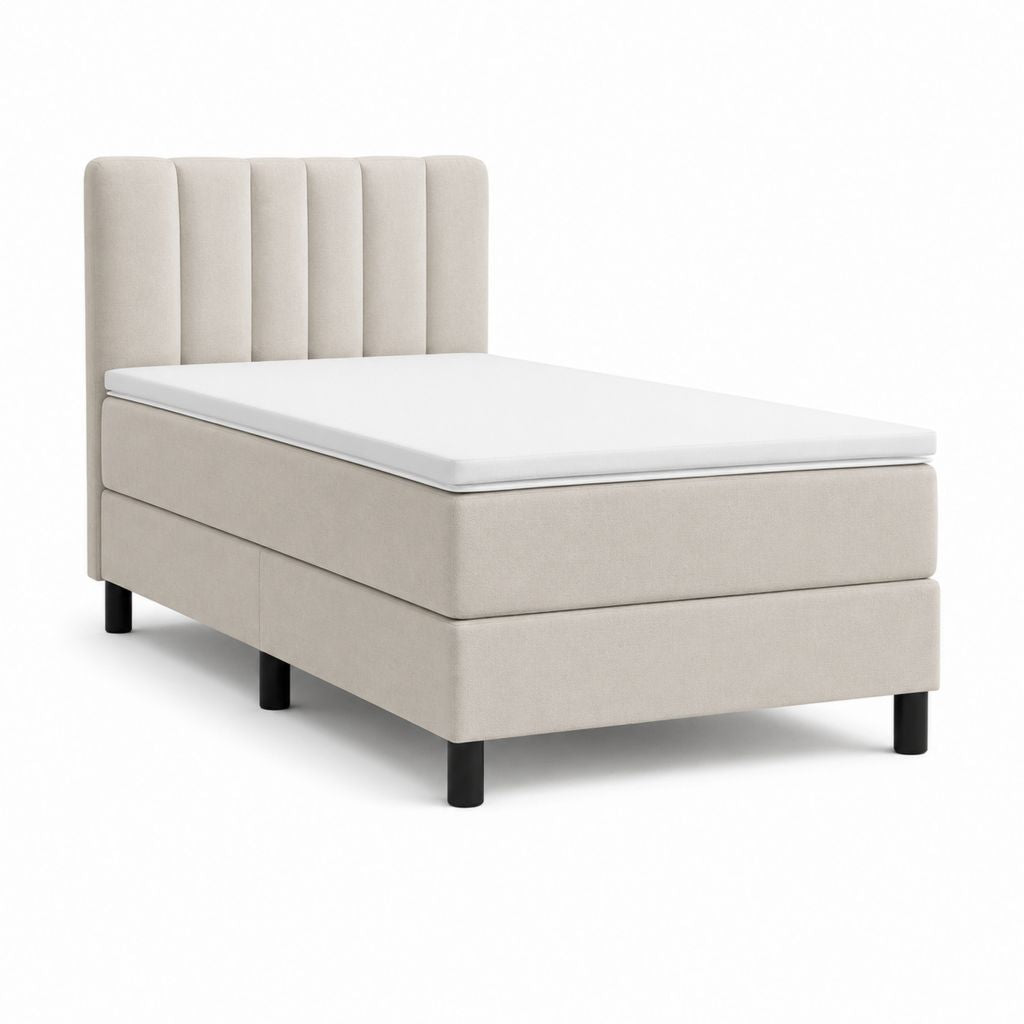 Letto continentale singolo imbottito beige con testiera a pannelli, materasso 90 x 200 cm, dimensioni 100 x 210 x 120 cm