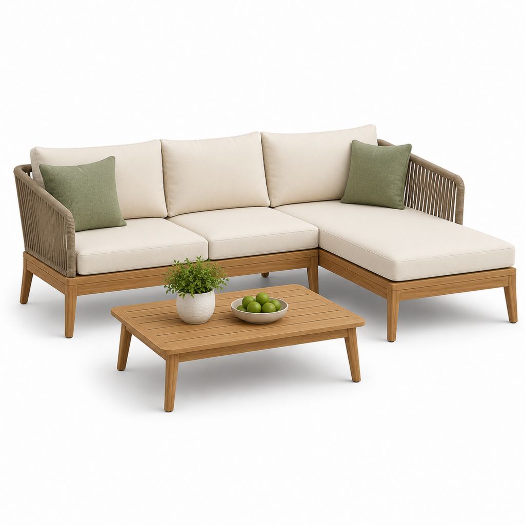 Salotto da giardino 3 pezzi con divano angolare a 3 posti, penisola destra e tavolino in legno e corda, crema e beige, 235 x 155 x 75 cm