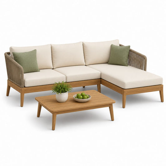 Salotto da giardino 3 pezzi con divano angolare a 3 posti, penisola destra e tavolino in legno e corda, crema e beige, 235 x 155 x 75 cm