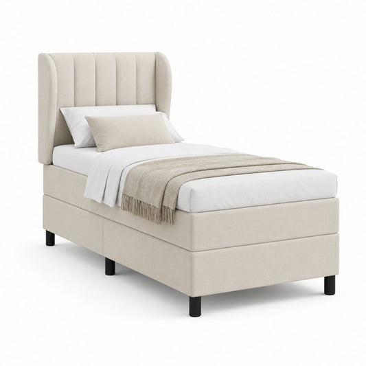 Letto singolo imbottito in tessuto beige con testiera ad ali, 90 × 200 cm