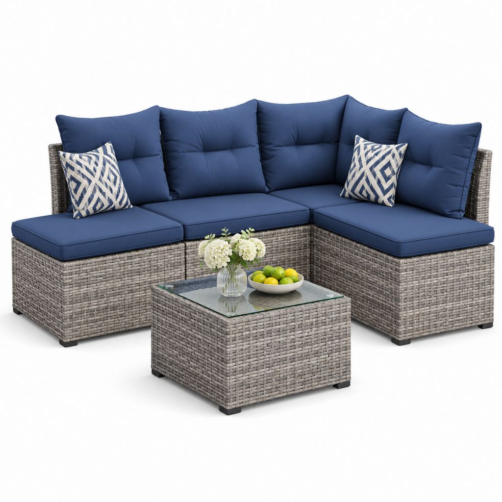 Set divano angolare da esterno a 5 posti in polyrattan grigio con cuscini blu e tavolino, 240 x 180 x 75 cm