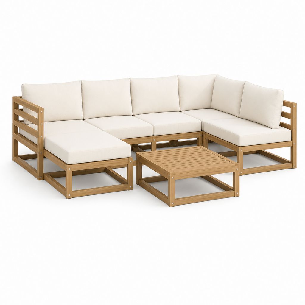 Set modulare angolare da esterno 7 pezzi in legno massello di acacia con divano 5 posti, poggiapiedi e tavolino, marrone e crema, 270 x 210 x 68 cm
