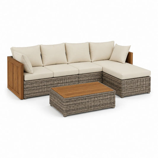 Salotto da giardino angolare a 4 posti con penisola destra e tavolino, polyrattan, metallo e legno, crema e grigio talpa, 238 × 176 × 75 cm