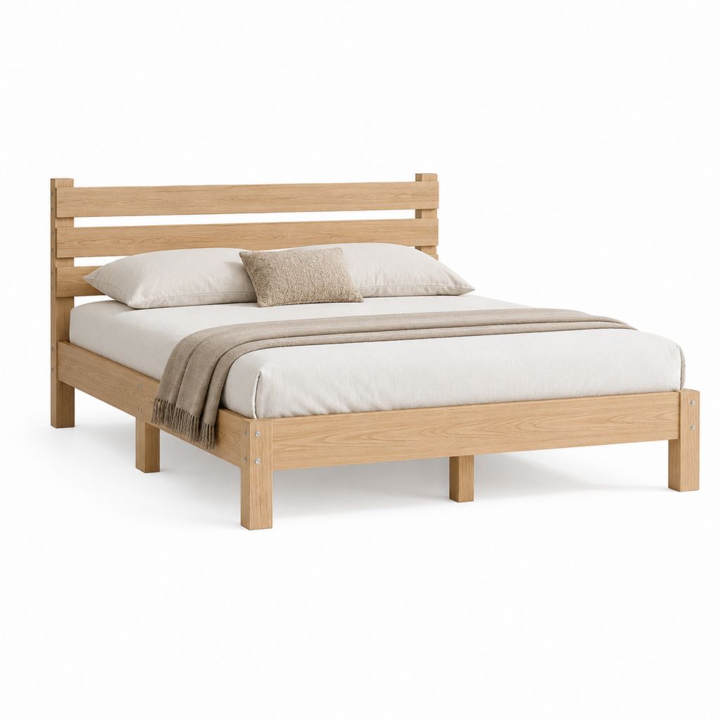 Letto matrimoniale rettangolare in legno massello di pino, colore rovere naturale, per materasso 160 × 200 cm, dimensioni 168 × 208 × 100 cm