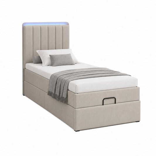 Letto singolo contenitore con LED 90 x 200 cm, rivestimento in poliestere tortora, 102 x 212 x 120 cm
