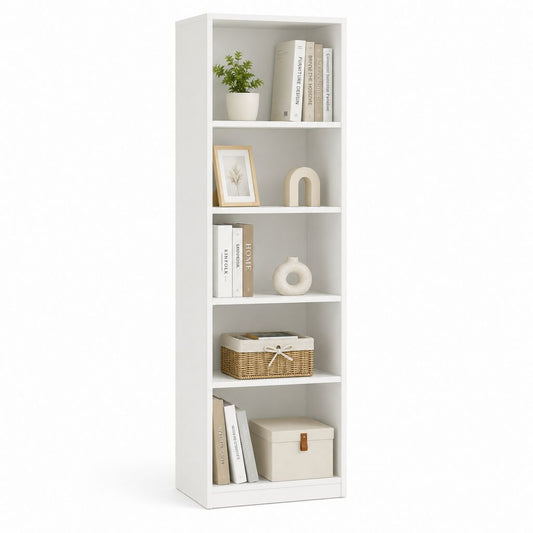 Libreria rettangolare in legno a 5 livelli, bianca, 60 × 24 × 180 cm
