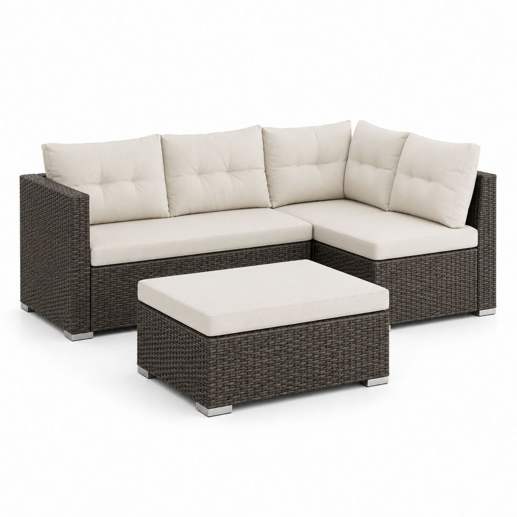 Set divano angolare da esterno a 3 pezzi in polyrattan marrone con cuscini crema, 196 × 135 × 64 cm