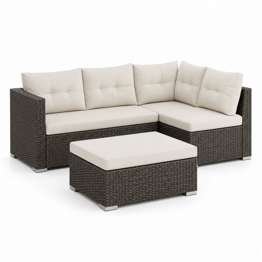 Set divano angolare da esterno a 3 pezzi in polyrattan marrone con cuscini crema, 196 × 135 × 64 cm