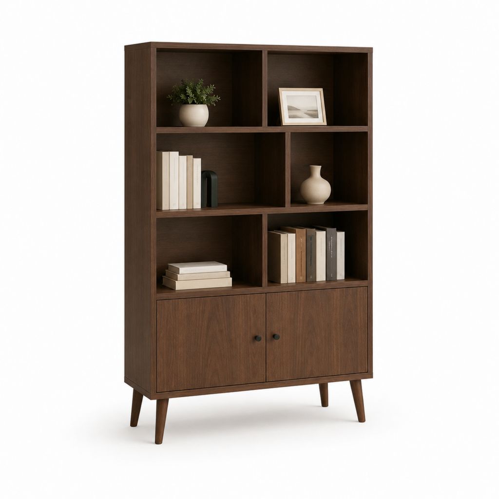 Libreria rettangolare con mobile a 2 ante in MDF impiallacciato noce, 6 vani, marrone, 90 × 35 × 160 cm