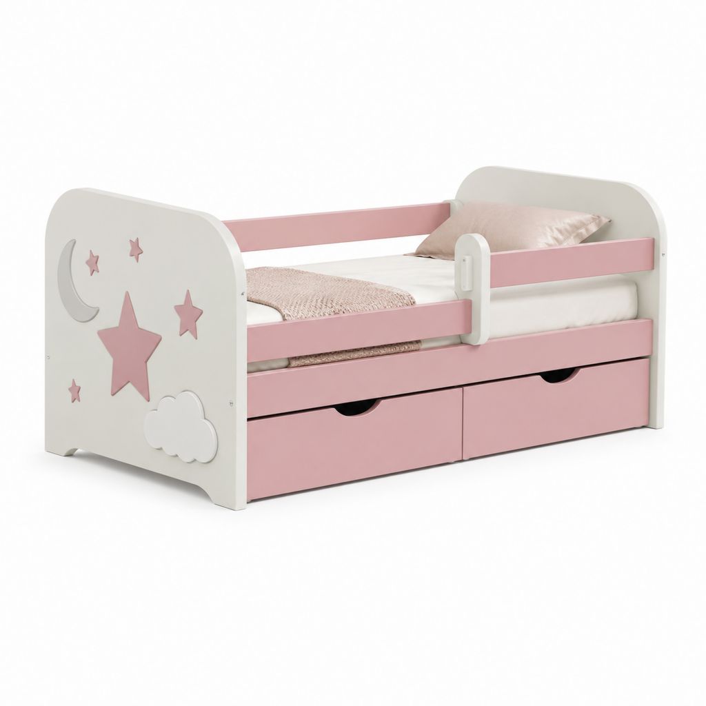 Letto per bambini in MDF bianco e rosa, 165 x 86 x 82 cm, per materasso 80 x 160 cm, sponde anticaduta e 2 cassetti