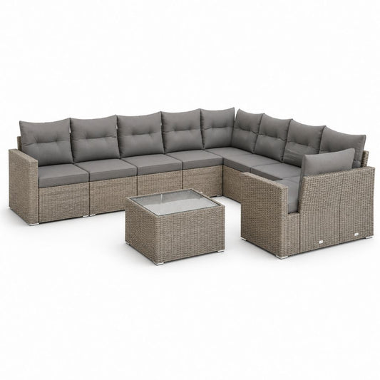 Set divano da giardino modulare a U 9 pezzi in polyrattan PE grigio, 350 x 210 x 68 cm, con cuscini e tavolino 60 x 60 x 35 cm