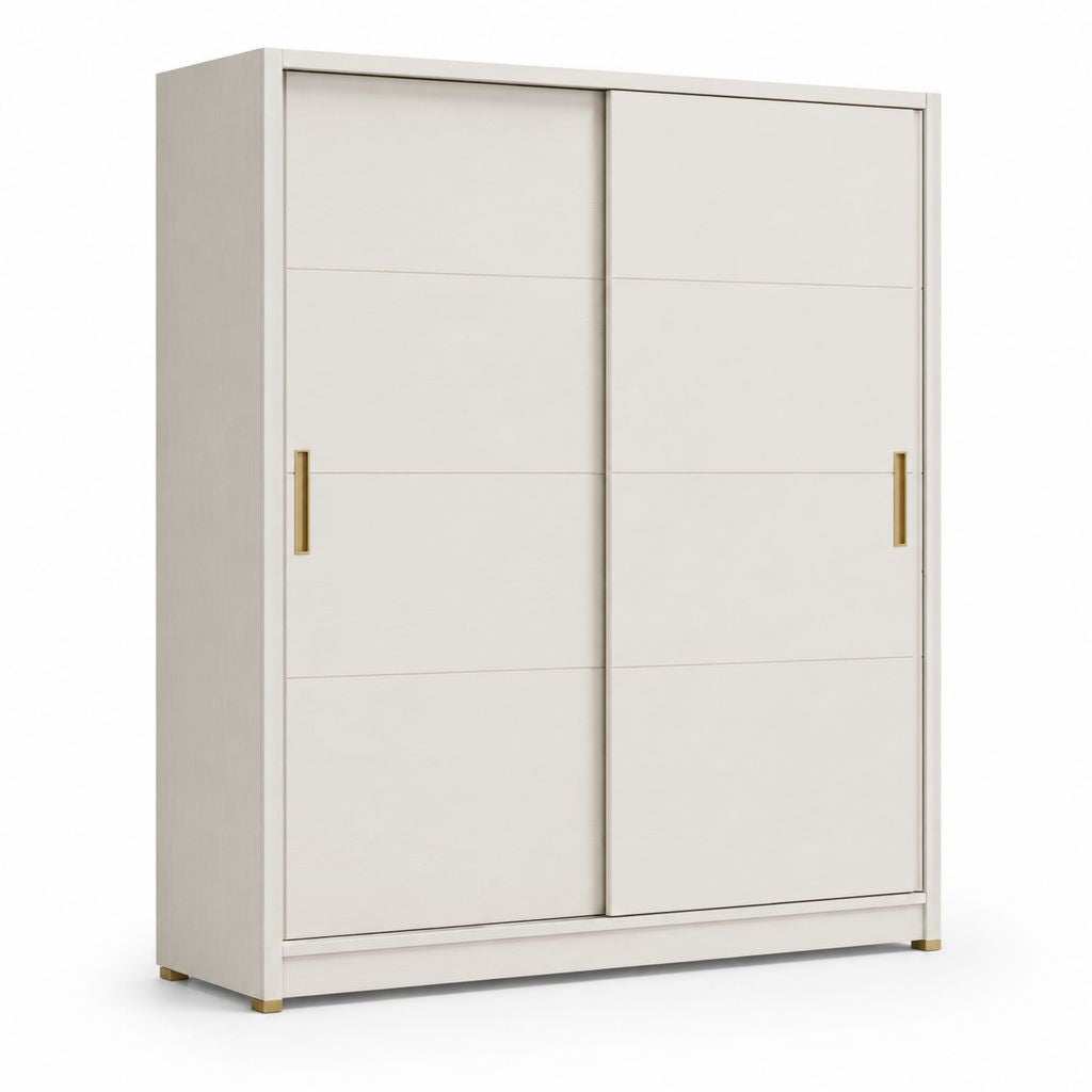 Armadio guardaroba rettangolare a 2 ante scorrevoli in truciolare melaminico bianco con maniglie dorate, 180 × 60 × 210 cm