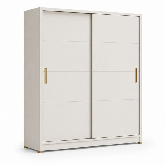 Armadio guardaroba rettangolare a 2 ante scorrevoli in truciolare melaminico bianco con maniglie dorate, 180 × 60 × 210 cm